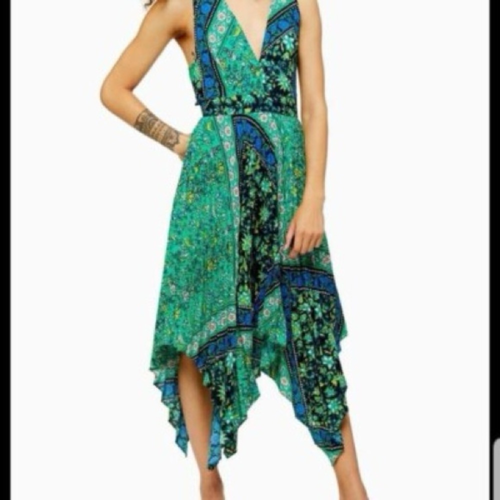 Topshop Asymmetrical Dress in Green and Blue